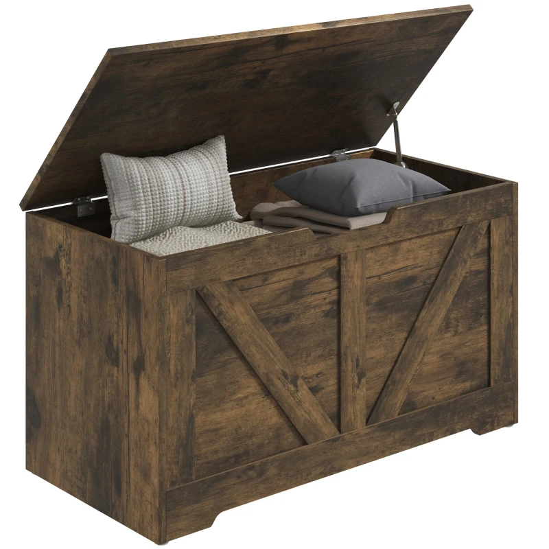 HOMCOM 100L Home Storage Box, with Safety Hinges - Rustic Brown