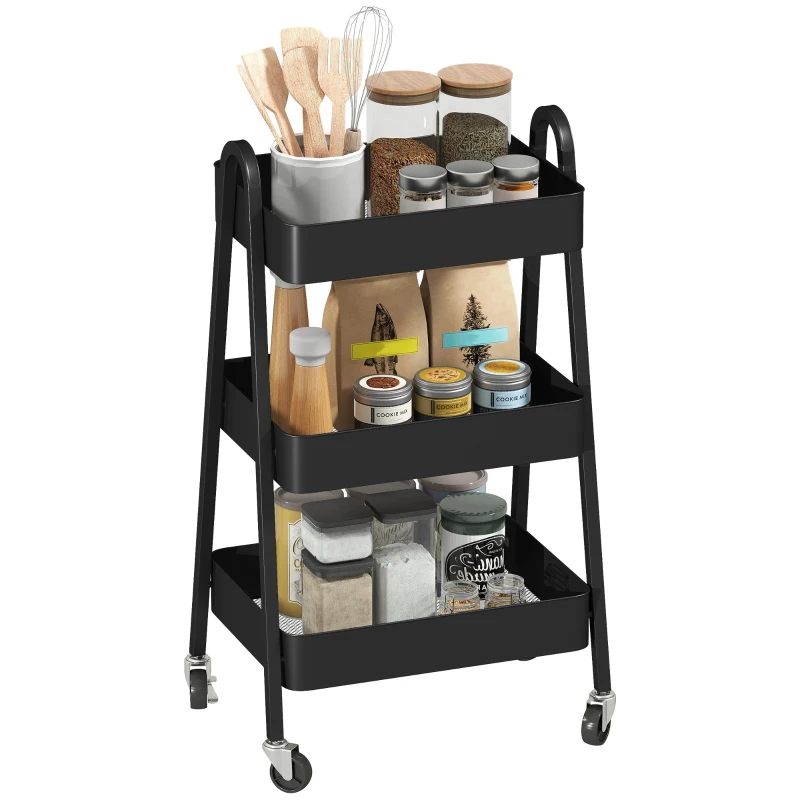 HOMCOM Three-Tier Storage Trolley - Black