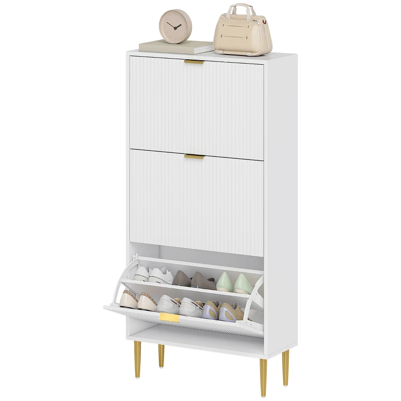 HOMCOM Meuble à chaussures 18 paires avec 3 tiroirs rabattables, portes cannelées et étagères réglables, 60x24x128cm, blanc