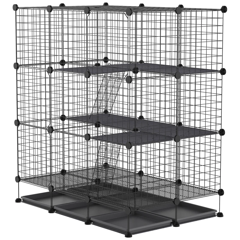 PawHut 3 Level DIY Pet Playpen Metal Small Animal Cage Rabbit Ferret Chinchillas Cage 4 Doors Bottom Trays Black