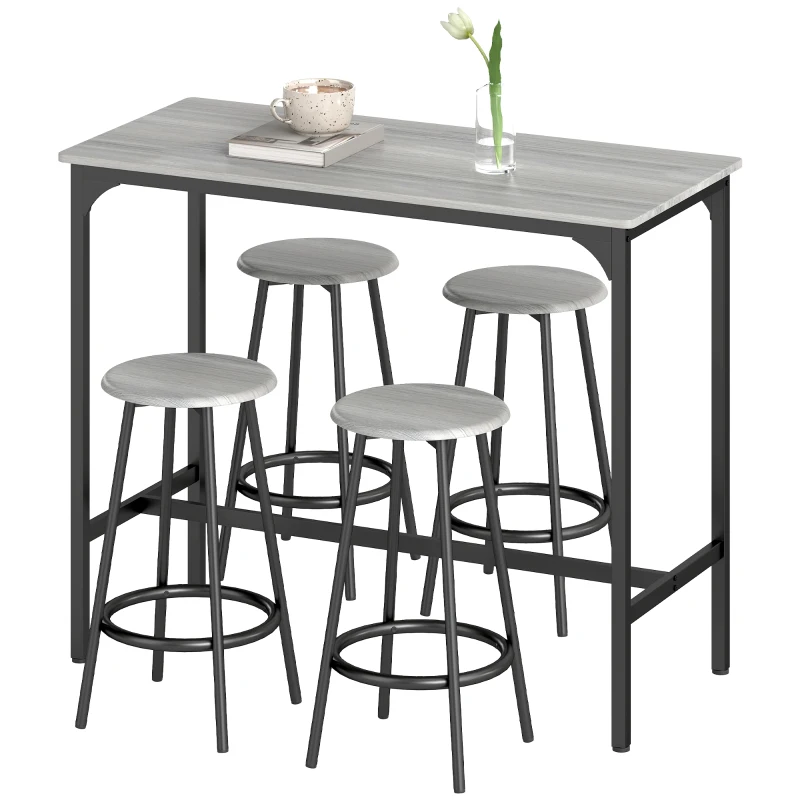 HOMCOM Conjunto de Móveis Altos de Bar com 5 Peças Mesa de Refeição Industrial e 4 Bancos Redondos Cinzento e Preto