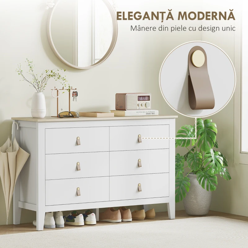 HOMCOM Comodă cu 6 Sertare și Mânere din Piele Ecologică Albă, 120x40x78 cm