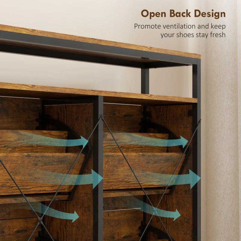 HOMCOM Mobile Portascarpe con 4 cassetti pieghevoli, design stretto, ripiano aperto, per 12-20 paia di scarpe, acciaio, Marrone