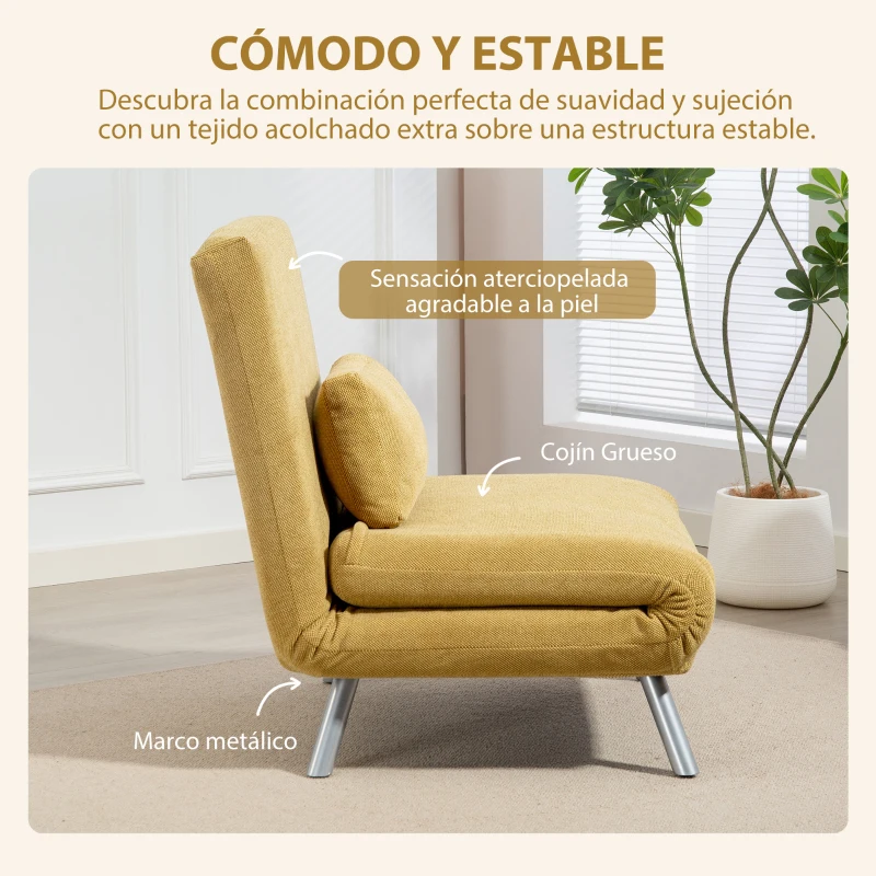 HOMCOM Sofá Cama de 1 Plazas Plegable Tapizado en Chenilla con Respaldo Ajustable de 5 Niveles 80x75x83 cm Amarillo