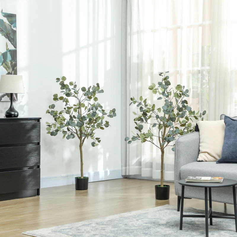 HOMCOM Set of 2 Decorative Artificial Tree, 4ft/ 120cm Silk Eucalyptus Trees with 230 Silver Dollar Leaves in Pot, Fake Plants for Home, Office, Living Room, Indoor Decor