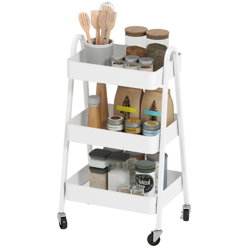 HOMCOM Carrello Cucina Multiuso a 3 Livelli, Ruote Girevoli con Freno e Maniglie, Bianco