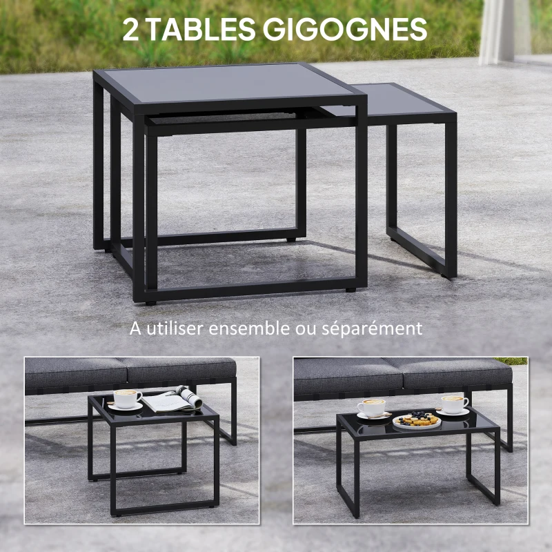 Outsunny Salon de jardin extérieur d'angle 4 pièces avec 2 canapés et 2 tables basses gigognes en verre trempé, gris