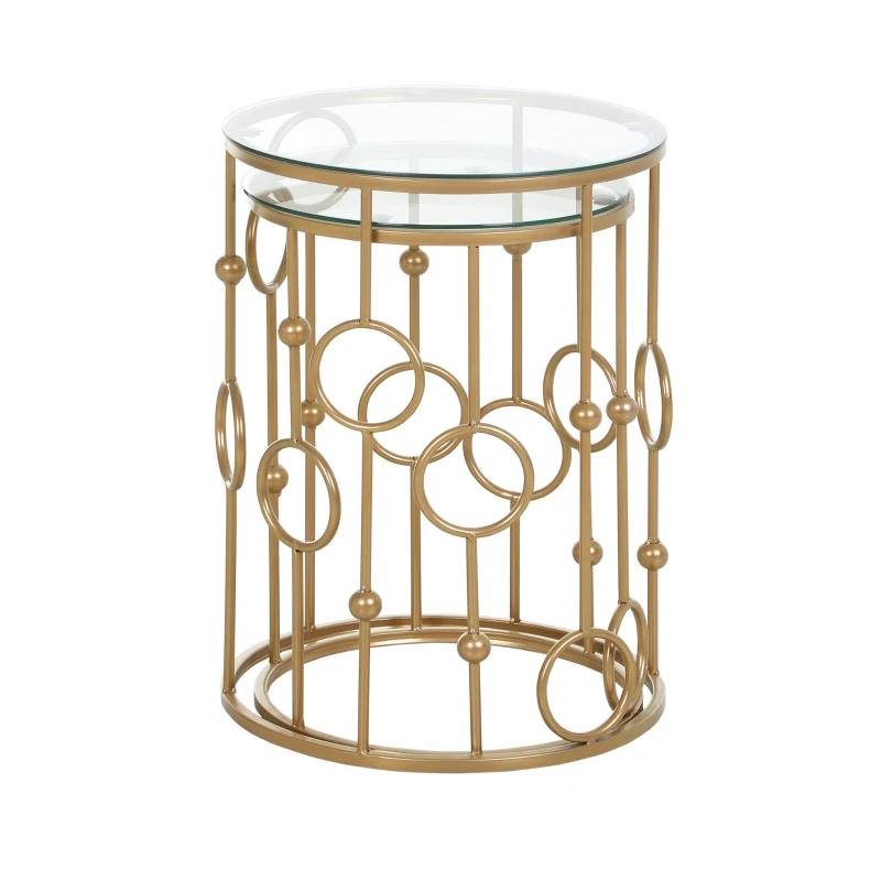 HOMCOM 2-delig Salontafelset, Bijzettafel met Glazen Blad, Woonkamer Tafel met Reifen- en Kogelontwerp Ø41 x 57 cm, Goud