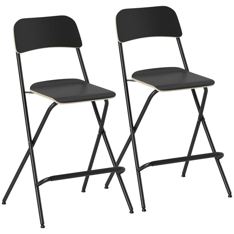 HOMCOM Set de 2 Taburetes de Bar Plegables con Marco de Acero, para Cocina, Comedor, Negro