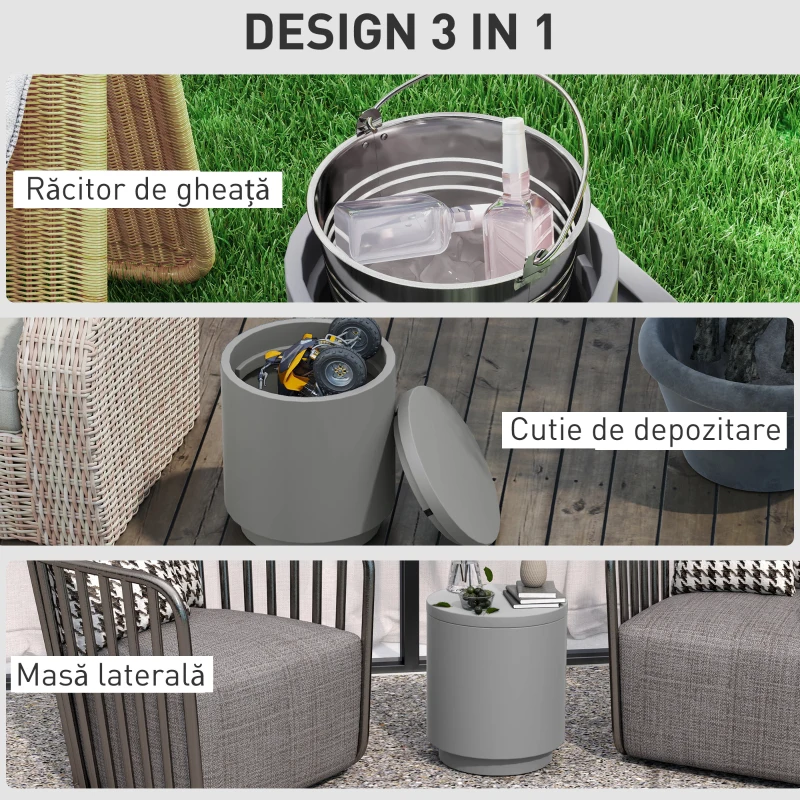 HOMCOM Măsuță Multifuncțională cu Găleată de Gheață 10L și Capac Gri Deschis