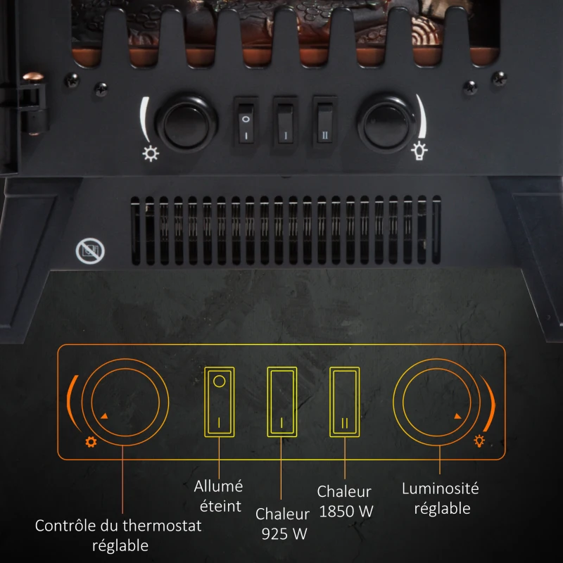 HOMCOM Cheminée électrique radiateur Imitation Flamme avec luminosité et réglable 925 W / 1850 W Porte métal Verre trempé Noir