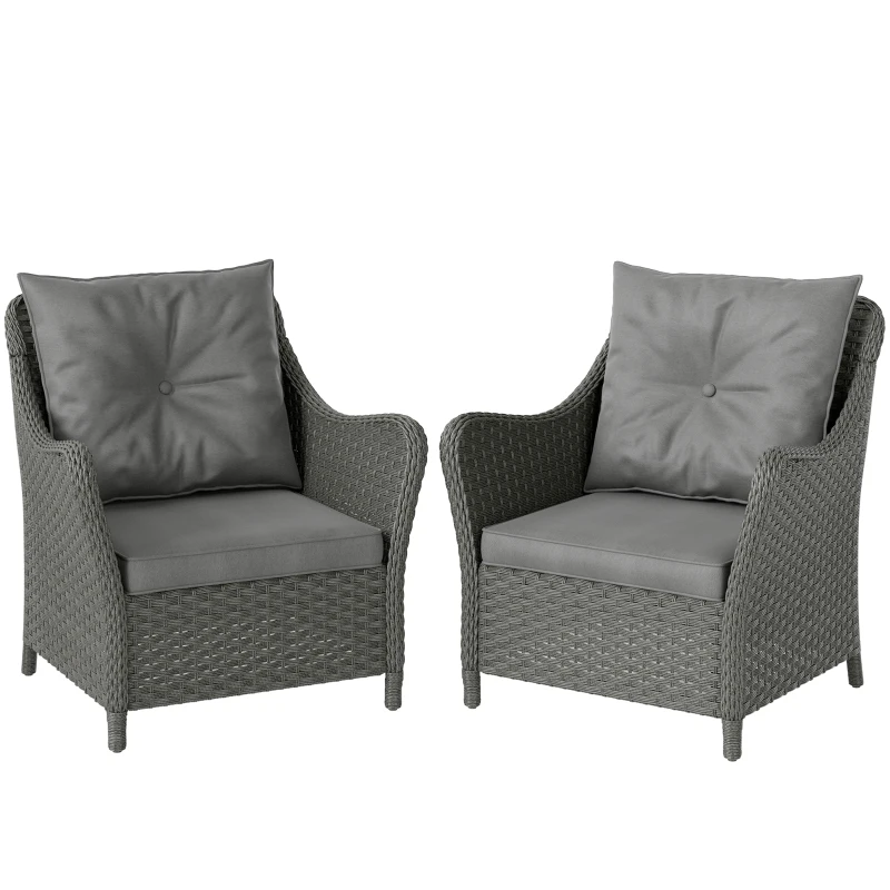 Outsunny Rattan Garden Chairs Set of 2, Outdoor Rattan Chairs with Cushions, Armrests and High Back, PE Wicker Garden Armchair with Steel Frame for Balcony, Porch, Dark Grey