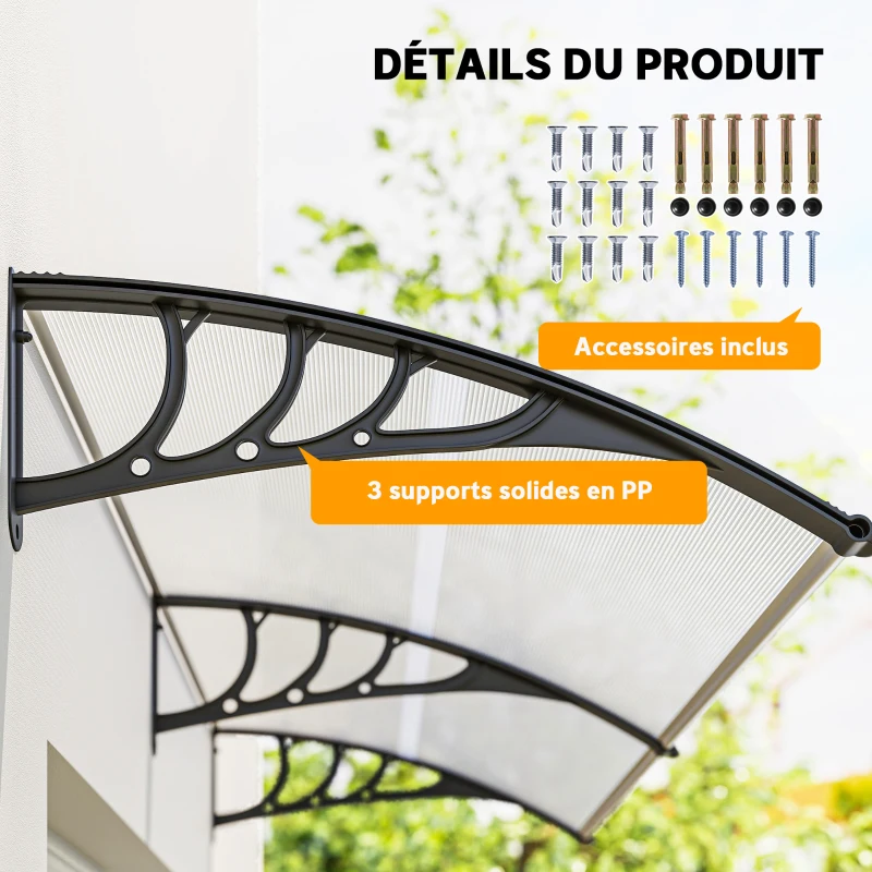 Outsunny Auvent de porte d'entrée, toit marquise de porte exterieur en polycarbonate et aluminium résistante toit abri protection contre la pluie et UV pour terrasse, balcon, 195 x 75 cm, transparent
