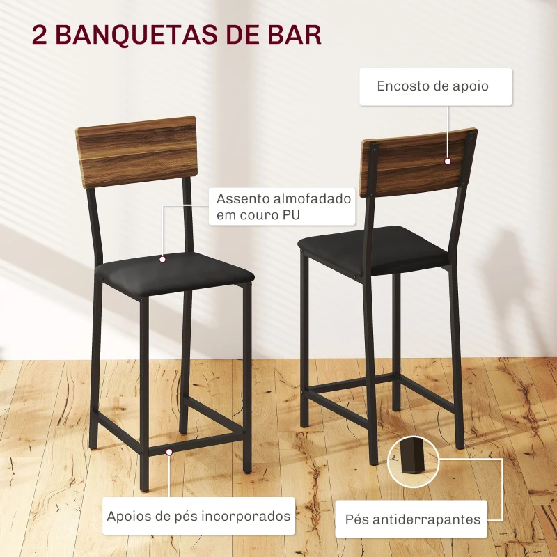HOMCOM Conjunto de Mesa e Bancos de Bar Mesa Alta de Cozinha com 2 Bancos Laterais Rebatíveis Suporte para Vinhos e Prateleiras Castanho e Preto