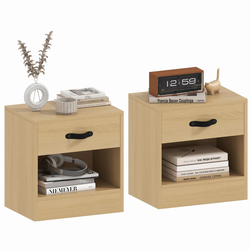 HOMCOM Pack de 2 Mesitas de Noche con Cajón y Compartimento Abierto para Salón 39x28x41 cm Natural