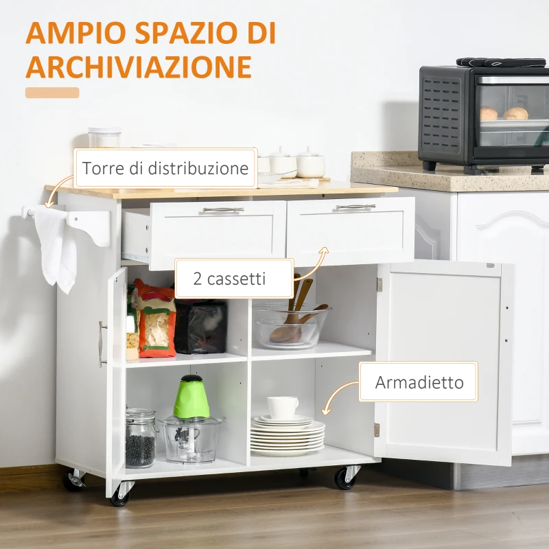 HOMCOM Carrello da Cucina Multiuso in Legno con 2 Cassetti, 104x46x91cm - Bianco