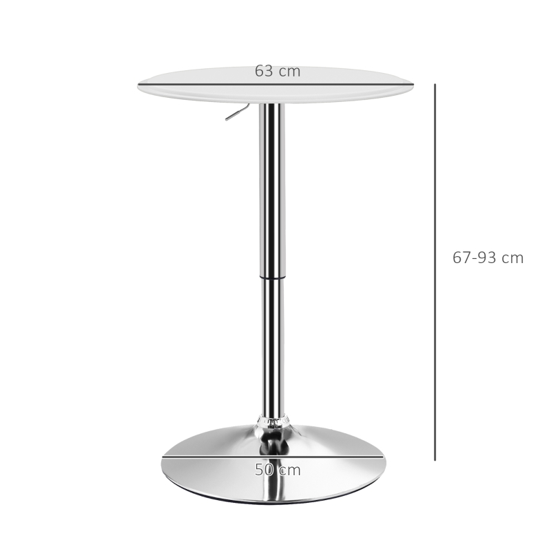 HOMCOM Mesa de Bar con Altura Ajustable Giratoria 360° Base Redonda Mesa Alta de Bar para Cocina Comedor Ø63x67-93 cm Blanco