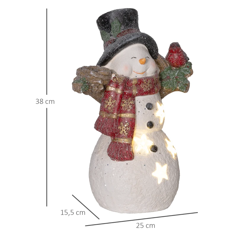 HOMCOM Weihnachtsdeko, Schneemann mit Vogel, 4 warmweiße LEDs, batteriebetrieben, 25 x 15,5 x 38 cm