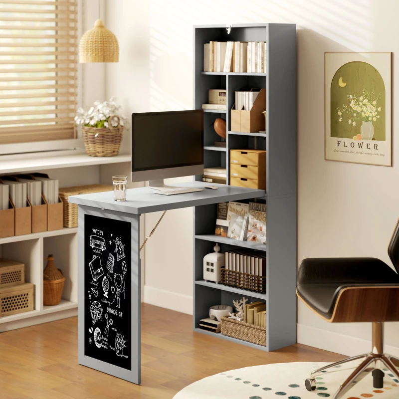 HOMCOM Bureau avec rangement pliable murale rabattable avec bibliothèque poste de travail tableau à craie et étagère réglable(m-8)