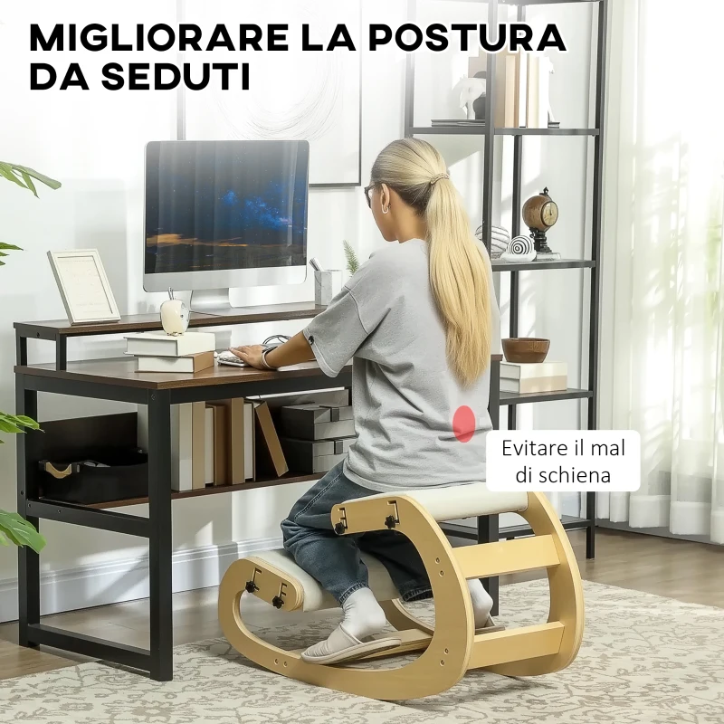 HOMCOM Sedia Inginocchiatoio Regolabile in 6 Posizioni, in Tessuto Effetto Lino e Legno di Betulla, 55x85x55 cm, Crema