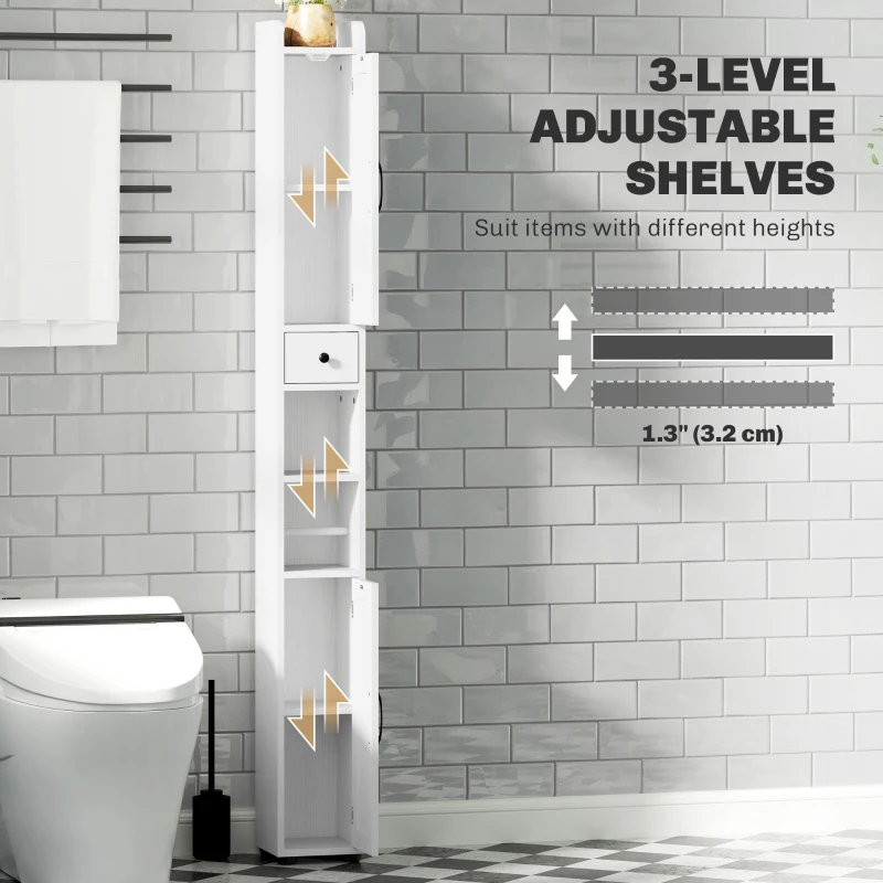 HOMCOM Tall Bathroom Cabinet, Farmhouse Slim Bathroom Storage Cabinet with Barn Doors, Toilet Paper Roll Holder, Drawer and Adjustable Shelves, Narrow Bathroom Storage Unit, 20 x 20 x 185cm, White