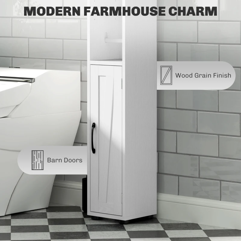 HOMCOM Tall Bathroom Cabinet, Farmhouse Slim Bathroom Storage Cabinet with Barn Doors, Toilet Paper Roll Holder, Drawer and Adjustable Shelves, Narrow Bathroom Storage Unit, 20 x 20 x 185cm, White