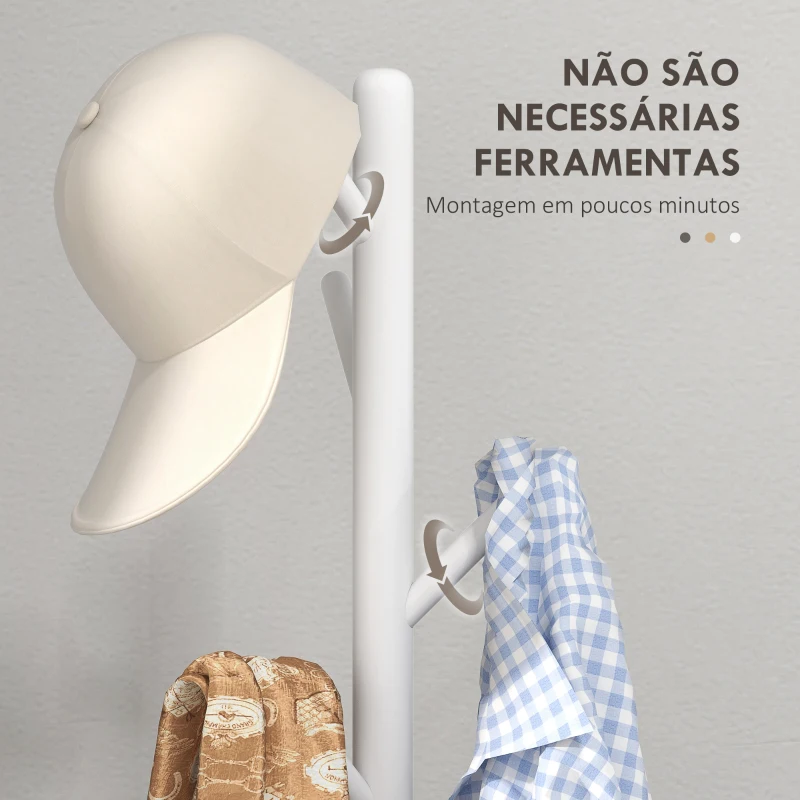 HOMCOM Cabide de Pé de Madeira com 8 Ganchos para Pendurar Roupa e Bolsas para Corredor Entrada 40x40x165 cm Branco