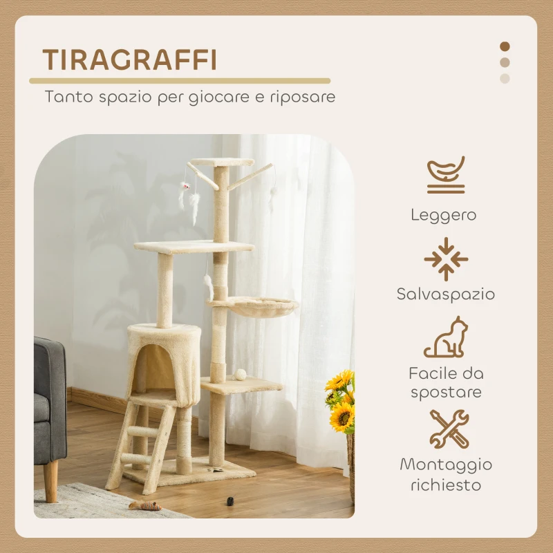 PawHut Torre per Gatti con Casetta, Trespolo, Piattaforme e 4 Topolini appesi, Tiragraffi per Gatti in Truciolato, Peluche e Sisal, 50x35x134.2 cm, Beige