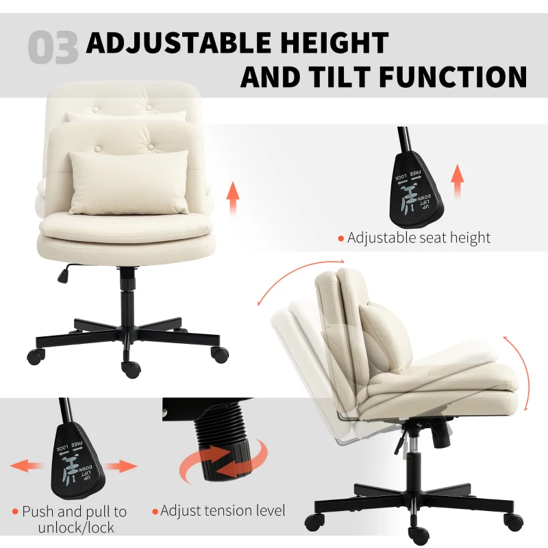HOMCOM Chaise de bureau sans accoudoirs en cuir artificiel, chaise de bureau avec roulettes, coussin supplémentaire, réglable en hauteur, mobile, Beige
