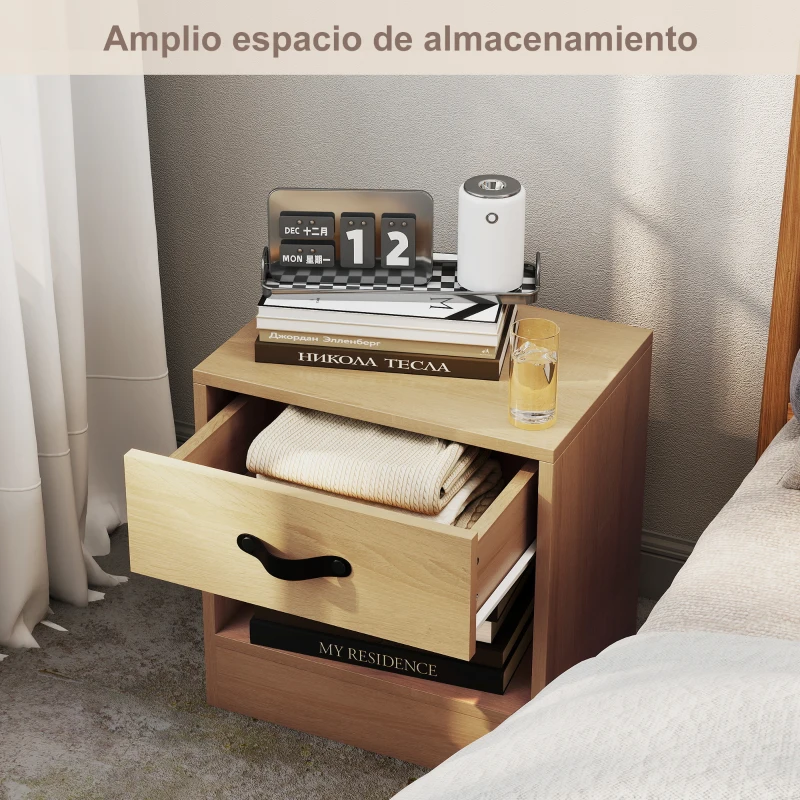 HOMCOM Pack de 2 Mesitas de Noche con Cajón y Compartimento Abierto para Salón 39x28x41 cm Natural