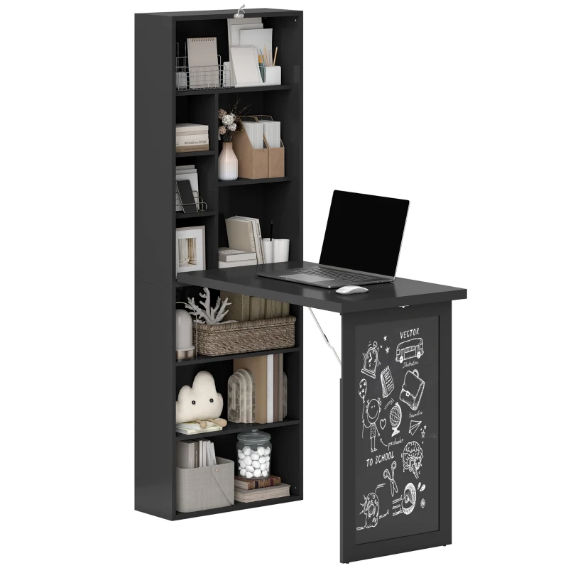 HOMCOM Scrivania Moderna Pieghevole con Libreria e Lavagna, in Legno e Metallo, 98x51x153 cm, Nero