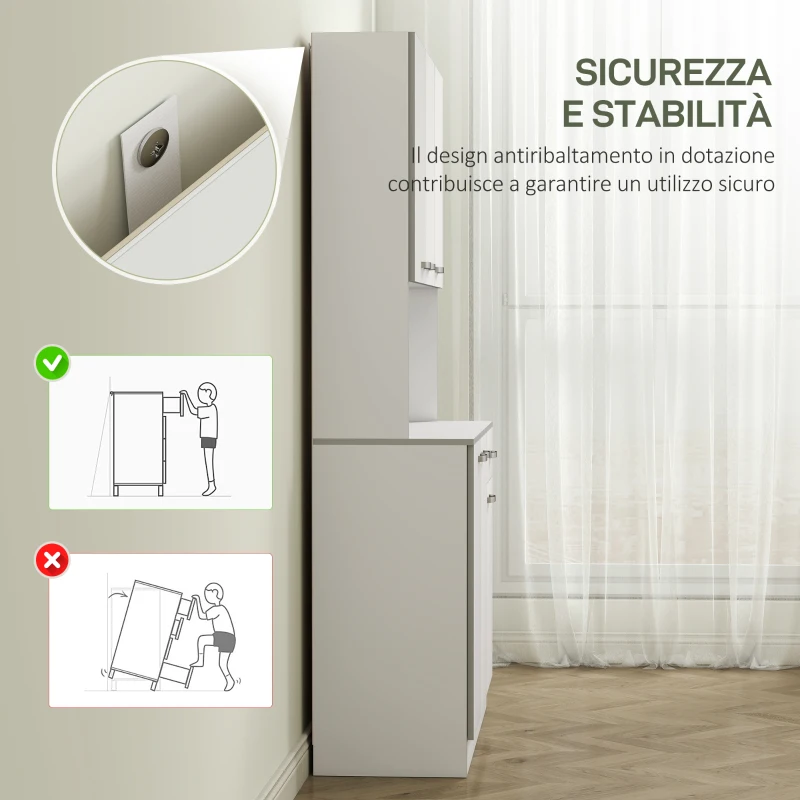 HOMCOM Credenza Cucina Moderna con Cassetto e Armadietti, in Legno, 101x39x180 cm, Bianco e Grigio