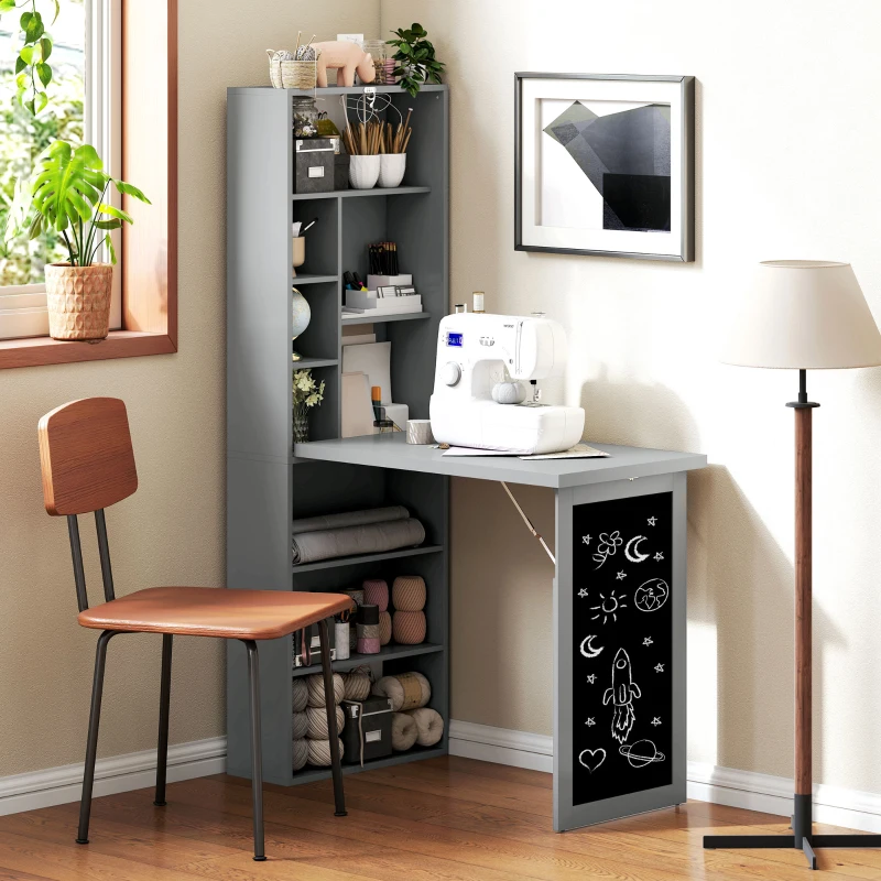 HOMCOM Bureau avec rangement pliable murale rabattable avec bibliothèque poste de travail tableau à craie et étagère réglable(m-9)