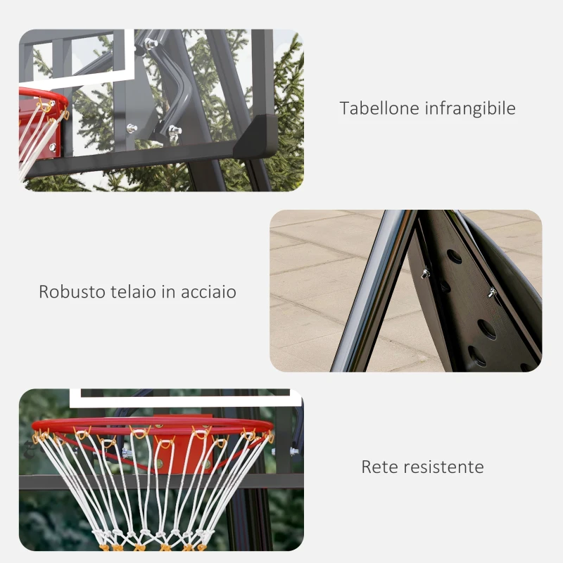 SPORTNOW Canestro Basket in Acciaio, Regolabile in Altezza e portatile con Tabellone e Ruote, 107x70cm, Nero e rosso