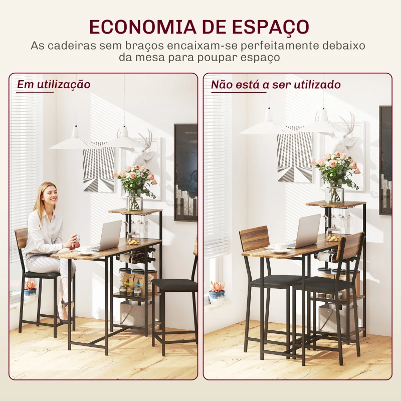 HOMCOM Conjunto de Mesa e Bancos de Bar Mesa Alta de Cozinha com 2 Bancos Laterais Rebatíveis Suporte para Vinhos e Prateleiras Castanho e Preto