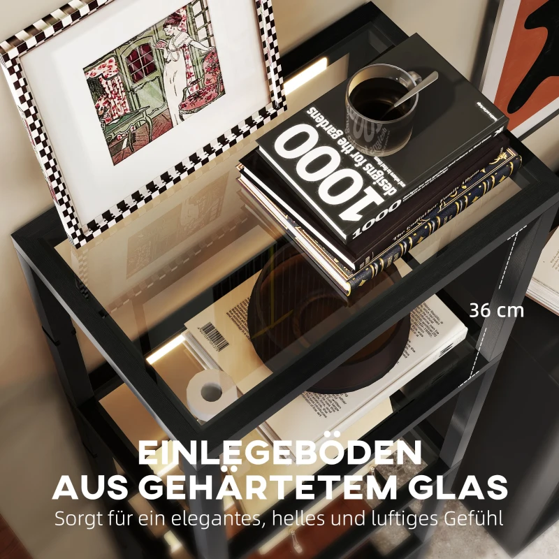 HOMCOM LED-Stehlampe mit 4-stufigem Regal, Leuchtregal mit 4 Glasfächern, Fußschalter, MDF, Schwarz