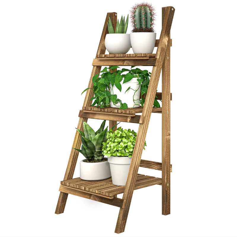 Outsunny Soporte para Plantas de Madera de 3 Niveles Estantería para Plantas Plegable Soporte para Macetas 40x37x93 cm Natural