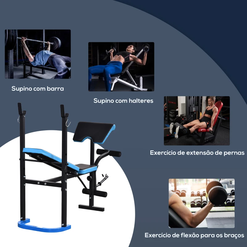 HOMCOM Banco de Musculação Multifuncional com Suporte para Barras e Encosto Ajustável 155x56,5x120 cm Preto e Azul