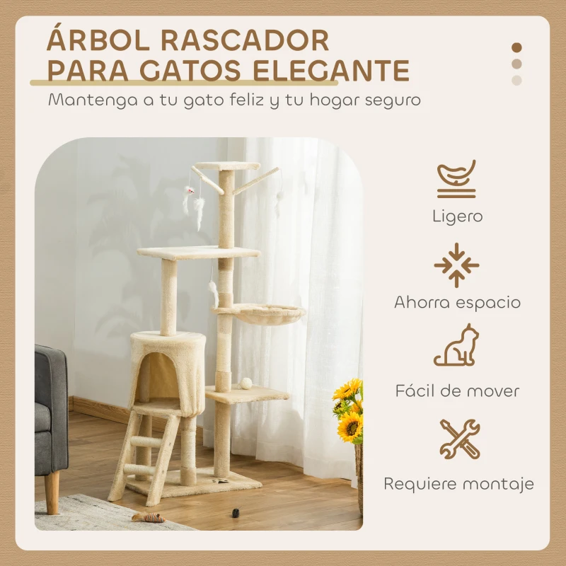 PawHut Árbol para Gatos de 134,2 cm con Nidos Plataformas Casetas Ratón de Juego Hamaca y Postes de Sisal 50x35x134,2 cm Beige