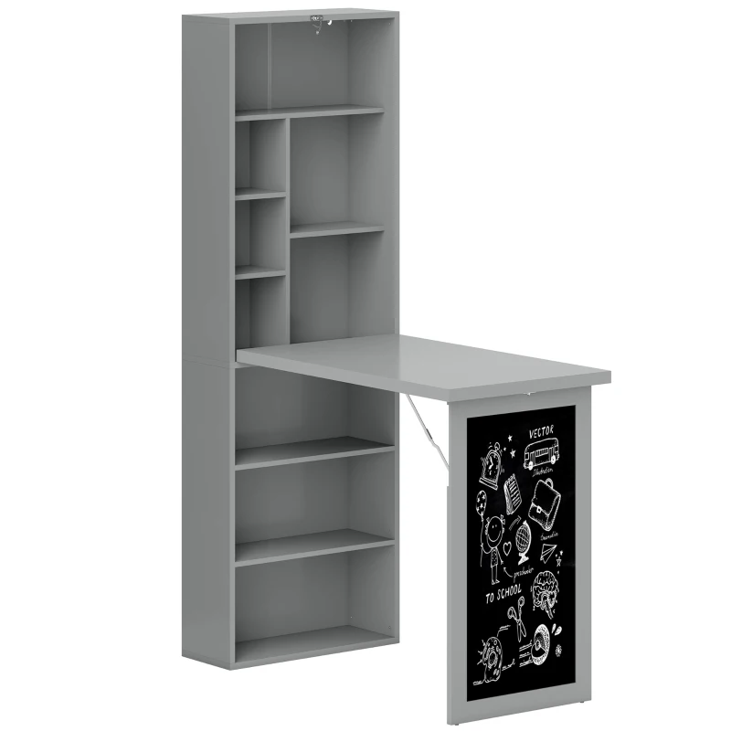 HOMCOM Bureau avec rangement pliable murale rabattable avec bibliothèque poste de travail tableau à craie et étagère réglable(m-11)