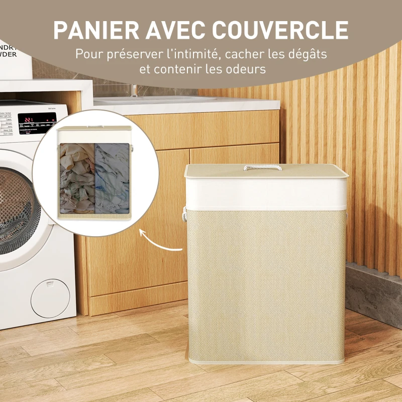 HOMCOM Panier à linge double avec couvercle, panier à linge en bambou 100 L avec poignées en corde
