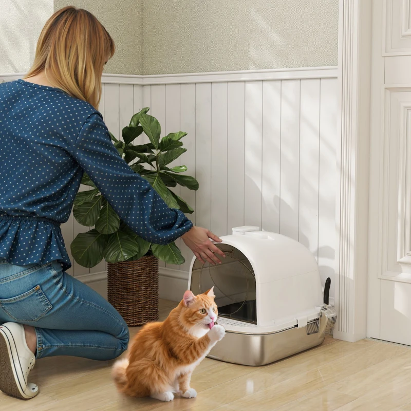 PawHut Casa Igienica per Gatti Lettiera Chiusa in Acciaio Inossidabile, Facile Pulizia, 52,4 x 41,3 x 39,9 cm, Bianco