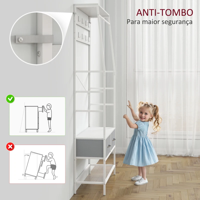 HOMCOM Móvel Cabide de Entrada com Banco Sapateira 8 Ganchos 2 Gavetas de Tecido Barra Prateleira 80x30x180,5 cm Branco e Cinza