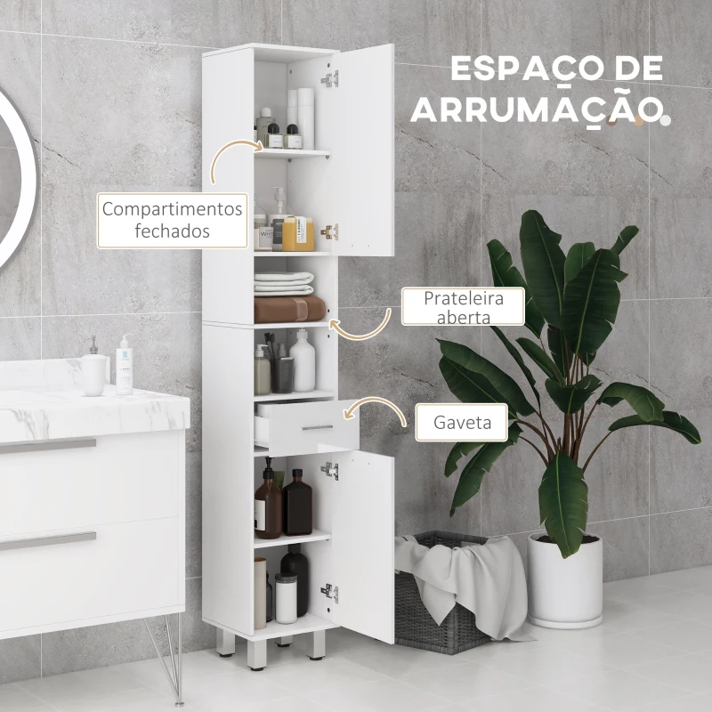 kleankin Coluna Casa de Banho Moderna com 1 Gaveta 3 Prateleiras Ajustáveis e 2 Armários Móvel Auxiliar de para Casa de Banho 30x30x180 cm Branco