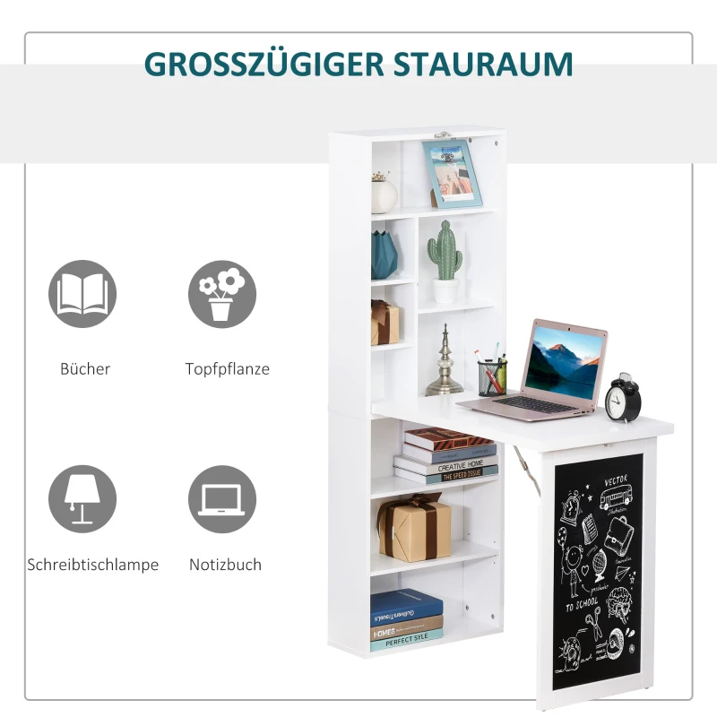 HOMCOM Schreibtisch Esstisch klappbar mit 6 Fächer Bücherregal mit 3 Regale Computertisch Bürotisch E1 Spanplatte Metallrahmen Weiß 98 x 51 x 153 cm