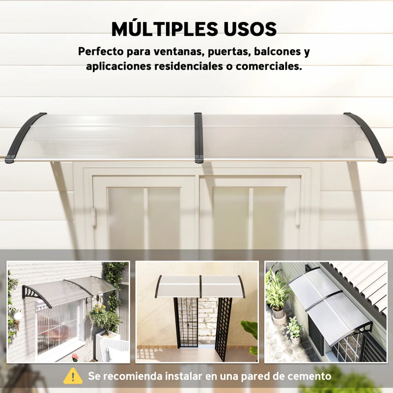 Outsunny Tejadillo de Protección 195x75 cm Marquesina de Exterior con Paneles de Policarbonato Barras de Aluminio Transparente