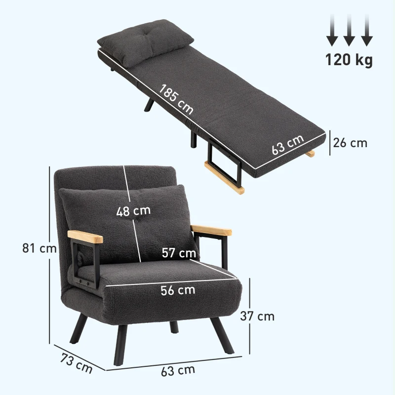 HOMCOM Sofá Cama Individual Plegable Silla Cama Convertible 4 en 1 Respaldo Ajustable de 5 Niveles y Almohada 63x73x81 cm Gris