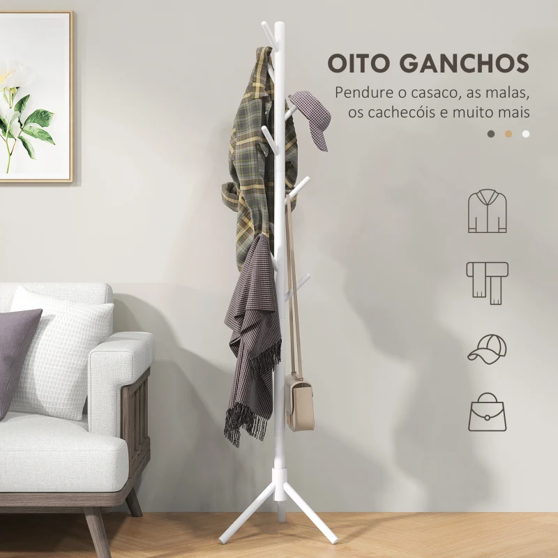 HOMCOM Cabide de Pé de Madeira com 8 Ganchos para Pendurar Roupa e Bolsas para Corredor Entrada 40x40x165 cm Branco