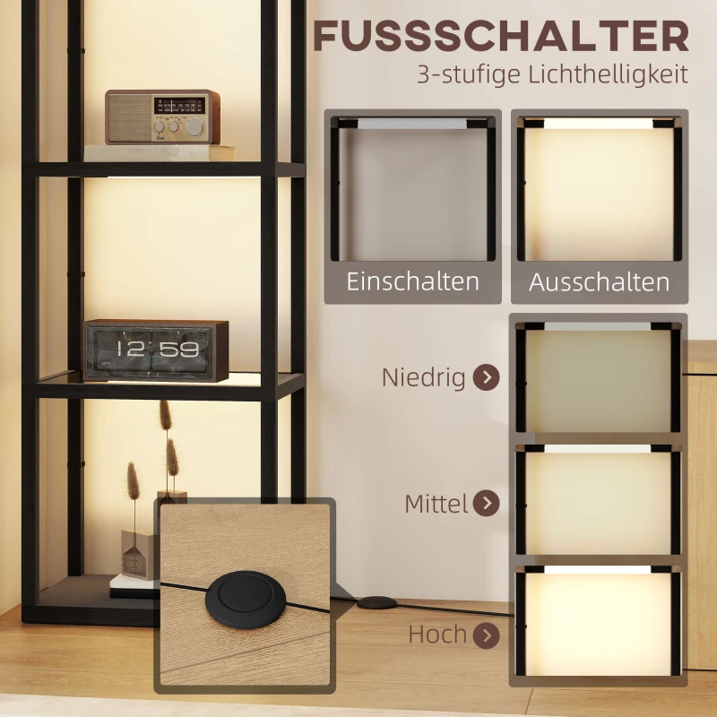 HOMCOM LED-Stehlampe mit 4-stufigem Regal, Leuchtregal mit 4 Glasfächern, Fußschalter, MDF, Schwarz