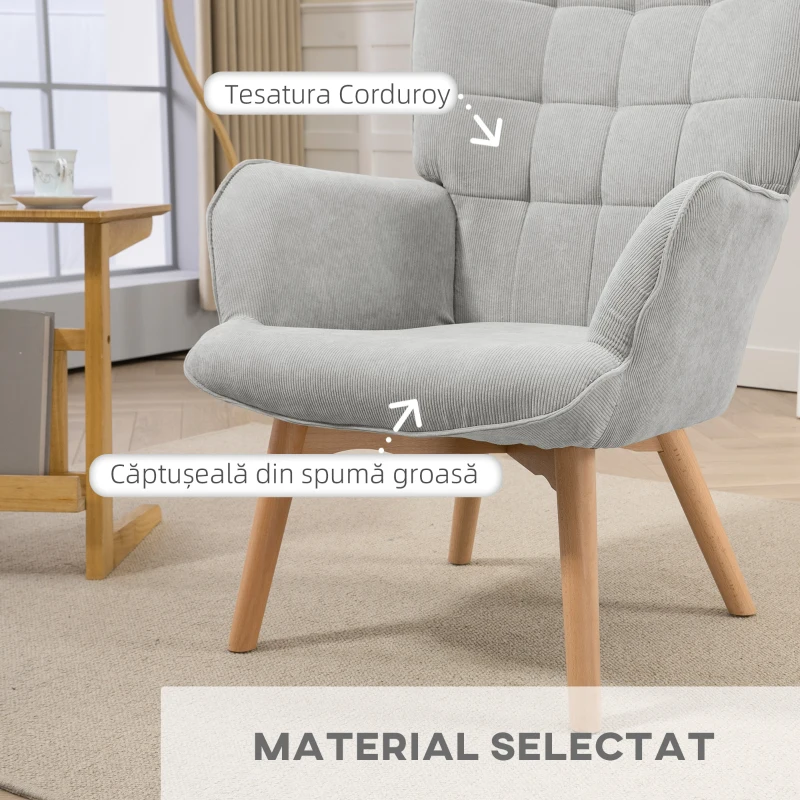 HOMCOM Fotoliu Modern cu Taburet din Catifea și Spătar Înalt Gri